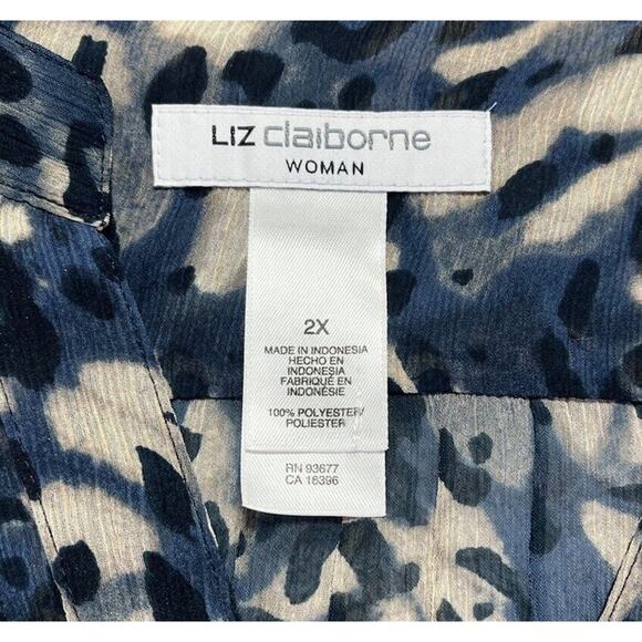 LIZ CLAIBORNE Women Blouse Sheer 2X Blue Black Beige Animal Print Loose‎ Fit - Picture 4 of 10